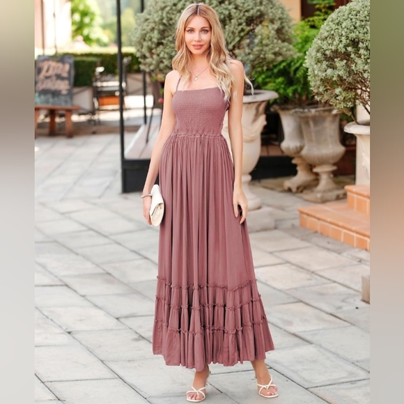 Mauve Pink Boho Maxi Halter Tie Dress Tiered Long Flowy Gauze Bohemian Vacation - Picture 9 of 13